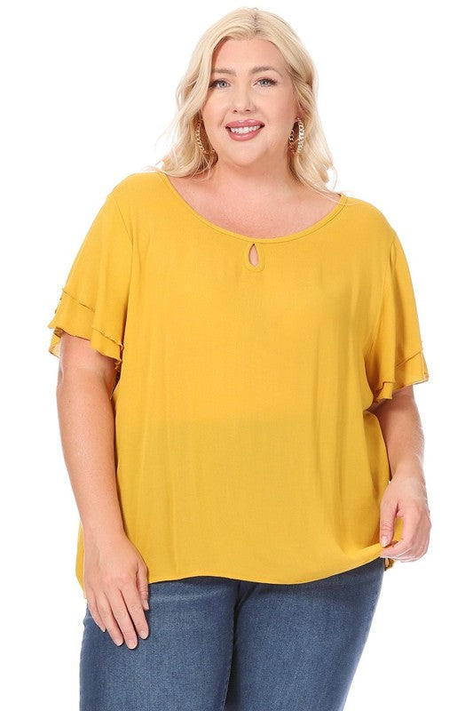 Plus Size Short Flutter Sleeve Keyhole Blouse