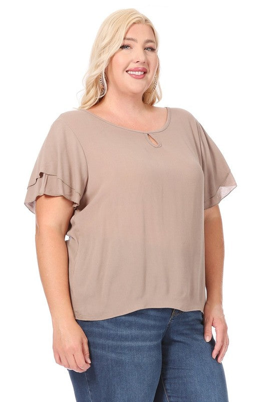 Plus Size Short Flutter Sleeve Keyhole Blouse