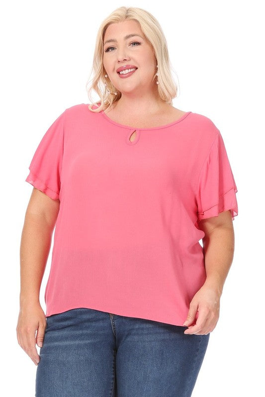 Plus Size Short Flutter Sleeve Keyhole Blouse