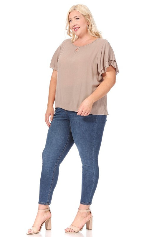 Plus Size Short Flutter Sleeve Keyhole Blouse