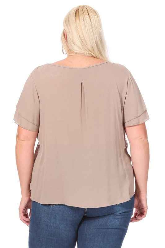 Plus Size Short Flutter Sleeve Keyhole Blouse