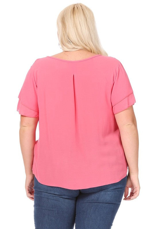 Plus Size Short Flutter Sleeve Keyhole Blouse
