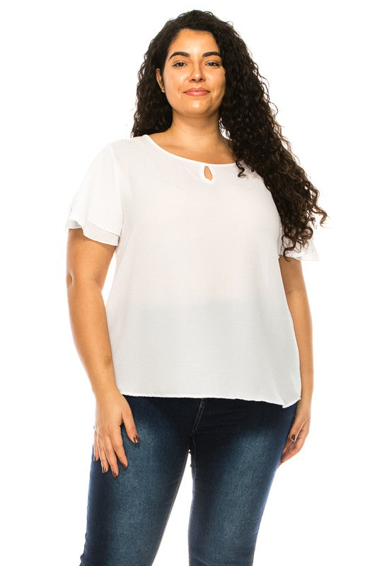 Plus Size Short Flutter Sleeve Keyhole Blouse