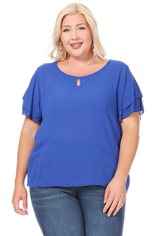 Plus Size Short Flutter Sleeve Keyhole Blouse