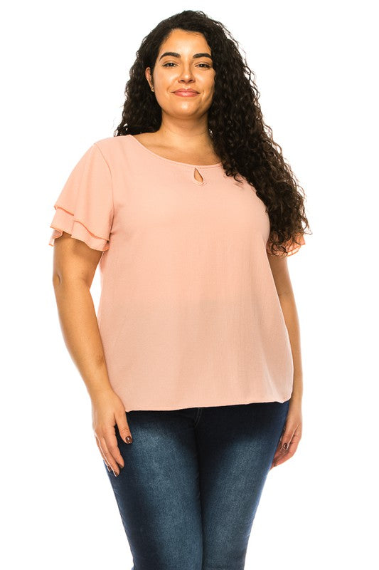 Plus Size Short Flutter Sleeve Keyhole Blouse