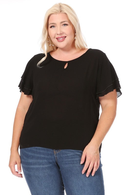 Plus Size Short Flutter Sleeve Keyhole Blouse