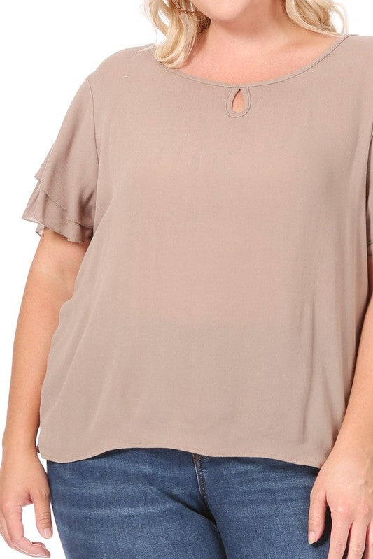 Plus Size Short Flutter Sleeve Keyhole Blouse