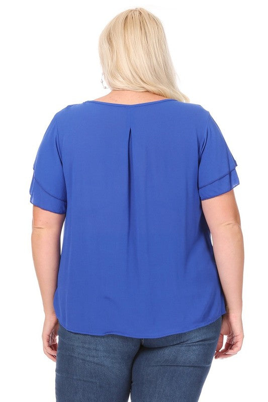 Plus Size Short Flutter Sleeve Keyhole Blouse