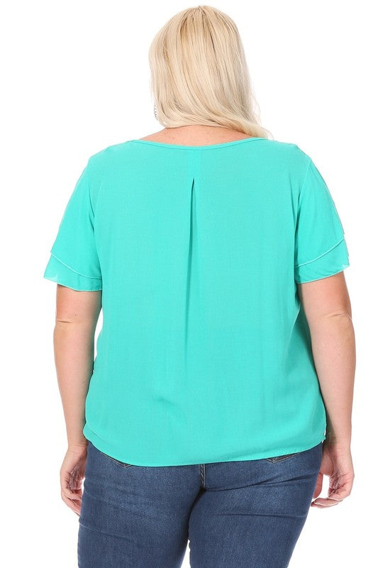 Plus Size Short Flutter Sleeve Keyhole Blouse