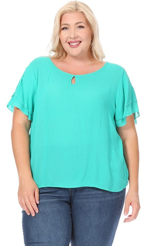 Plus Size Short Flutter Sleeve Keyhole Blouse