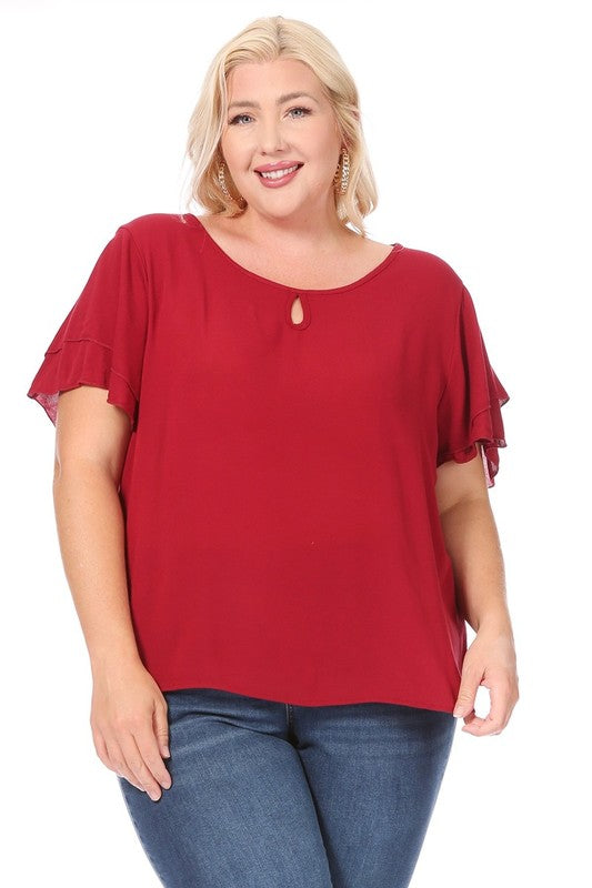 Plus Size Short Flutter Sleeve Keyhole Blouse