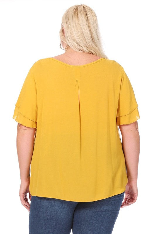 Plus Size Short Flutter Sleeve Keyhole Blouse