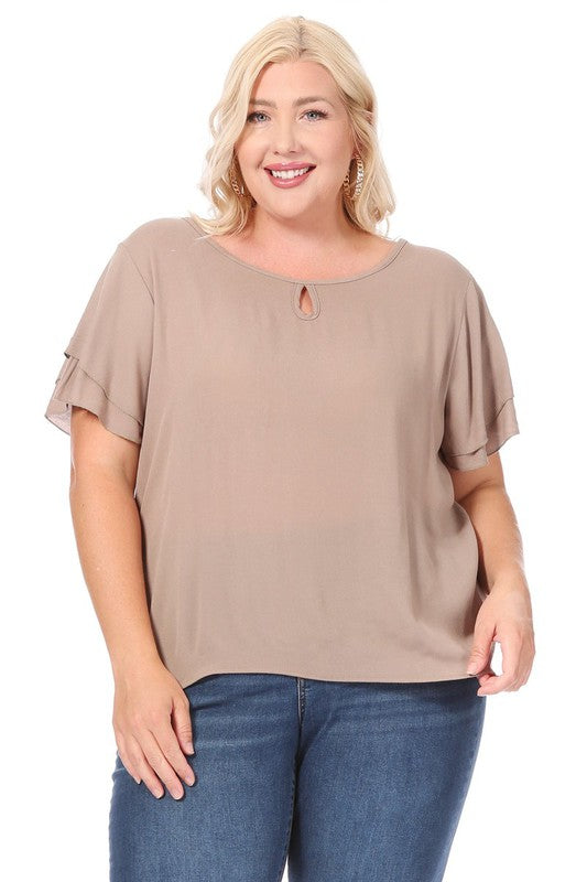 Plus Size Short Flutter Sleeve Keyhole Blouse