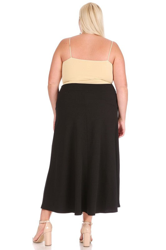 Plus Size High Waisted A-Line Midi Skirt - Elastic Waist