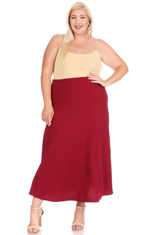 Plus Size High Waisted A-Line Midi Skirt - Elastic Waist