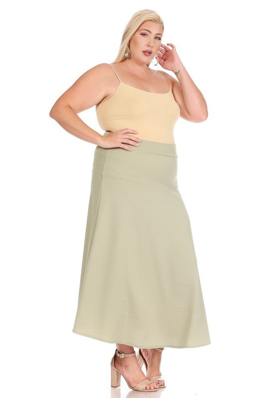 Plus Size High Waisted A-Line Midi Skirt - Elastic Waist