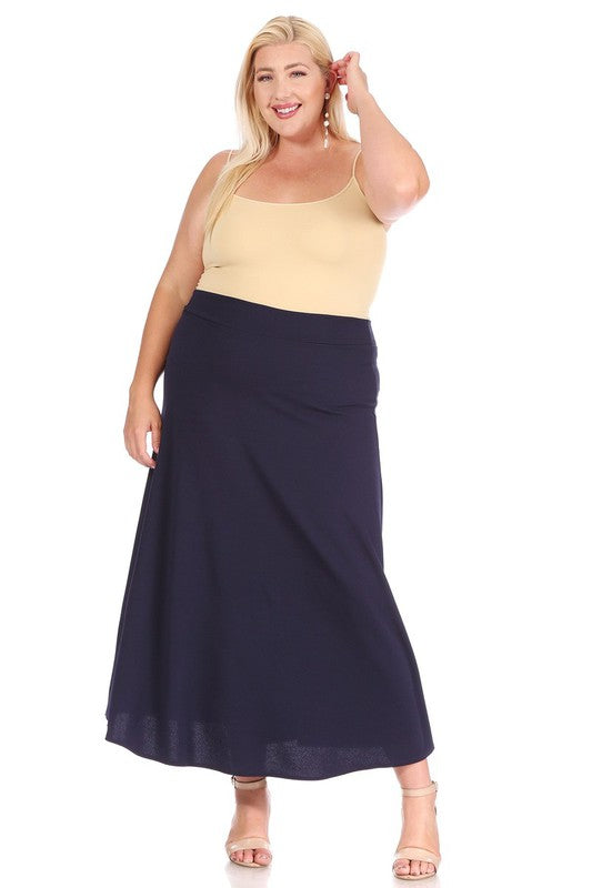 Plus Size High Waisted A-Line Midi Skirt - Elastic Waist