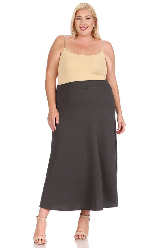 Plus Size High Waisted A-Line Midi Skirt - Elastic Waist