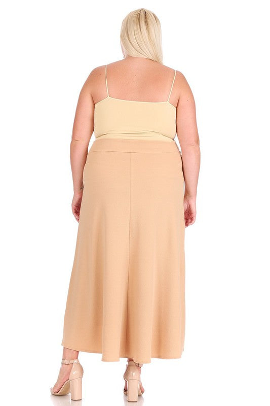 Plus Size High Waisted A-Line Midi Skirt - Elastic Waist