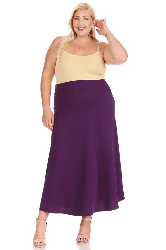 Plus Size High Waisted A-Line Midi Skirt - Elastic Waist