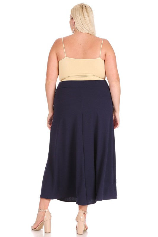 Plus Size High Waisted A-Line Midi Skirt - Elastic Waist