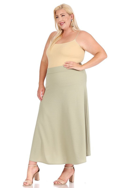 Plus Size High Waisted A-Line Midi Skirt - Elastic Waist