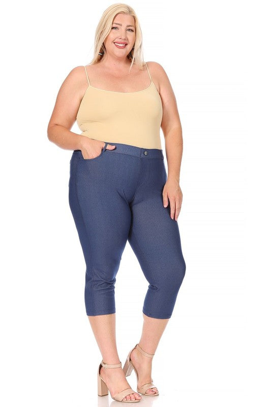 Stretchy Plus Size Capri Jeggings - Pull-On Style with Belt Loops & Pockets