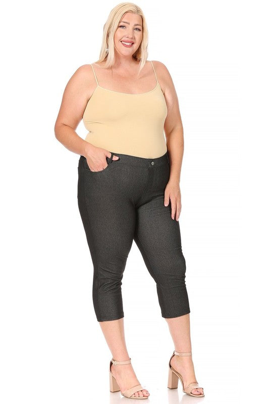 Stretchy Plus Size Capri Jeggings - Pull-On Style with Belt Loops & Pockets