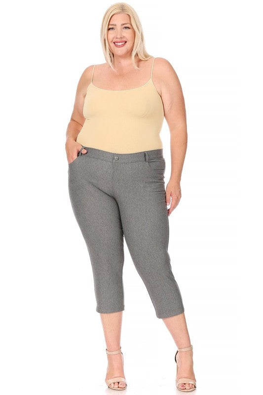 Stretchy Plus Size Capri Jeggings - Pull-On Style with Belt Loops & Pockets
