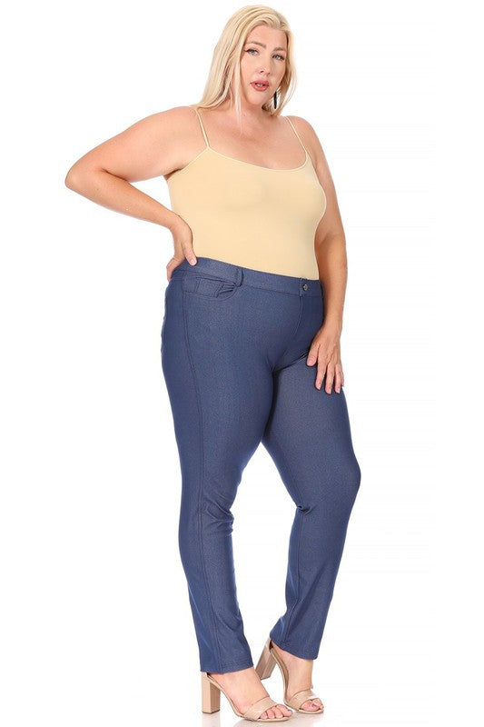 Plus Size Stretchy Pull Up Full Length Jeggings with Belt Loops and Pockets