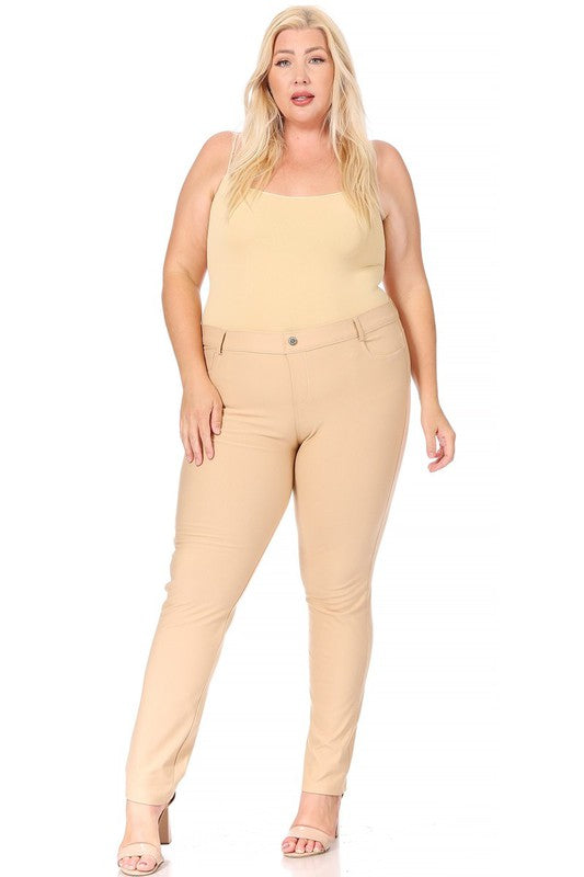 Plus Size Stretchy Pull Up Full Length Jeggings with Belt Loops and Pockets