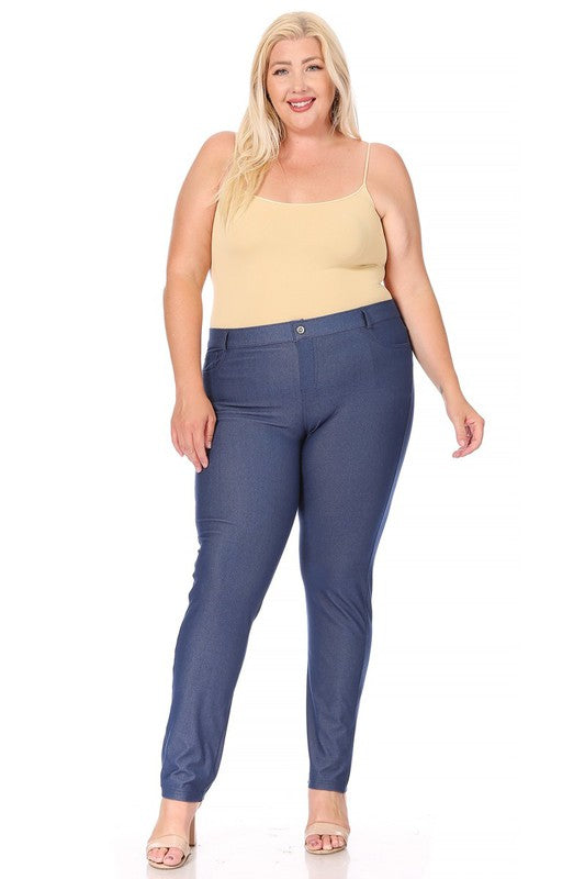 Plus Size Stretchy Pull Up Full Length Jeggings with Belt Loops and Pockets