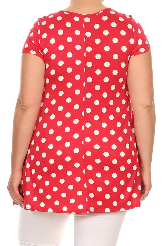 Polka Dot Tunic Top Loose Fit, Round Neck, Short Sleeves Curved Hem Side Pockets