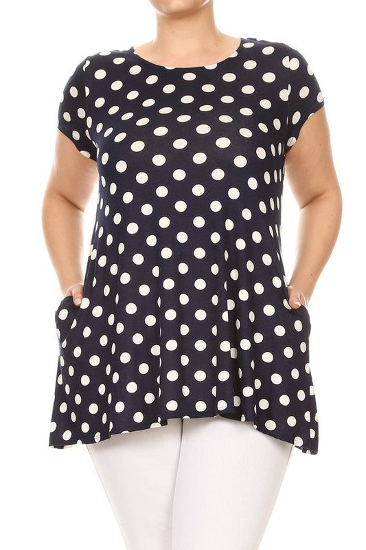 Polka Dot Tunic Top Loose Fit, Round Neck, Short Sleeves Curved Hem Side Pockets