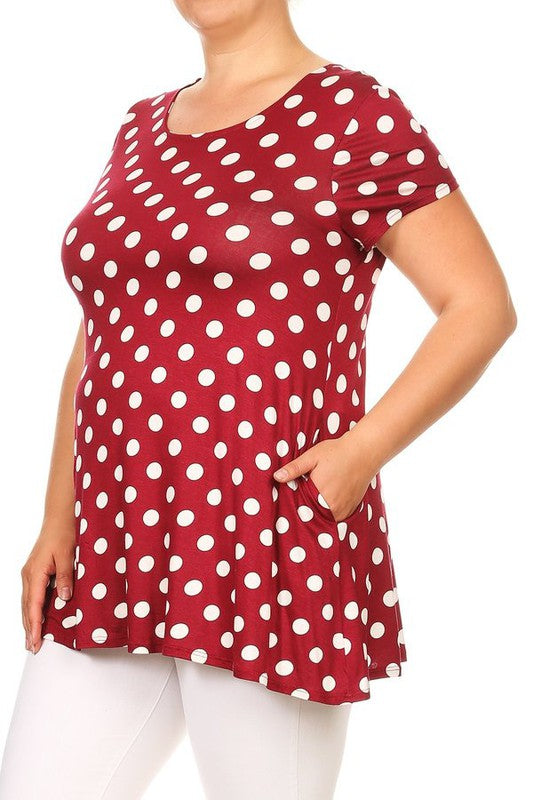 Polka Dot Tunic Top Loose Fit, Round Neck, Short Sleeves Curved Hem Side Pockets