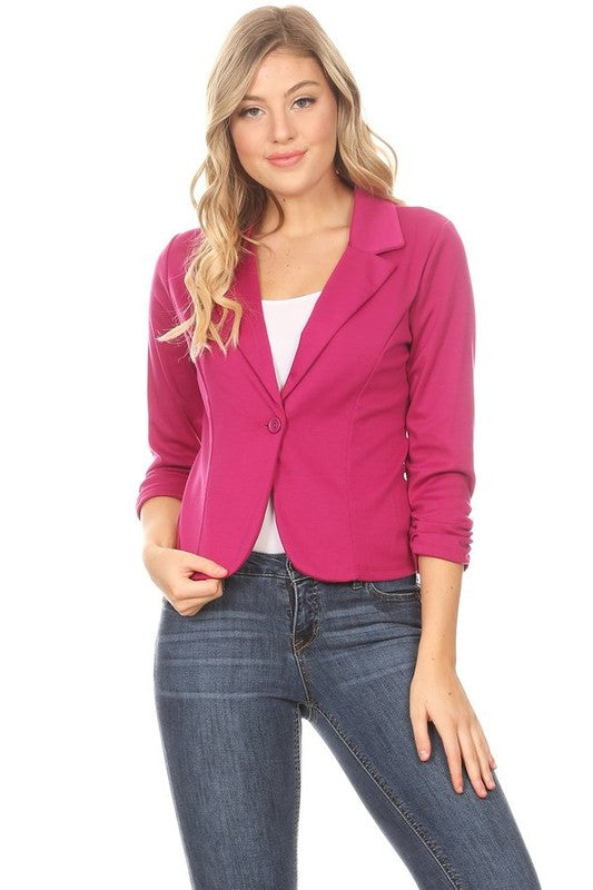 Solid Waist Length Blazer - Fitted Style with Button Closure and Ruched Sleeves