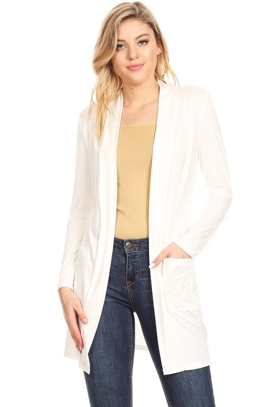 MOA Collection Loose Fit Knee-Length Duster Cardigan with Open Front & Pockets