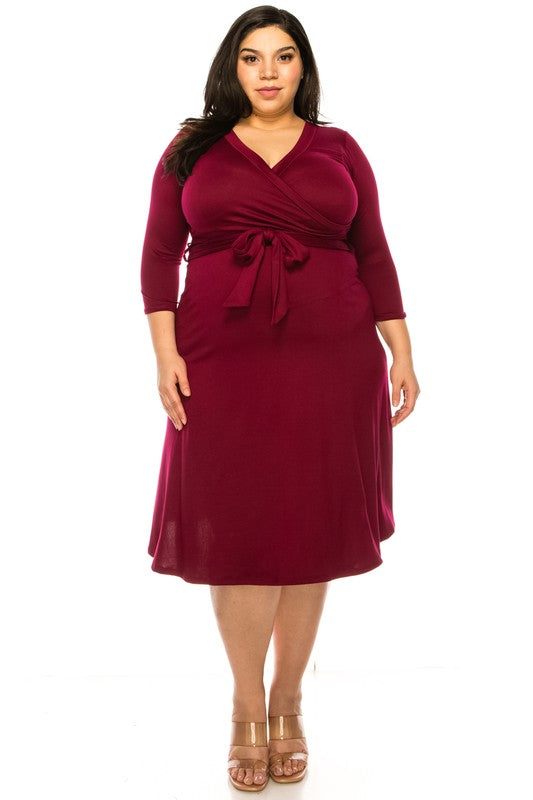 MOA Collection Plus Size Solid Faux Wrap Dress with Deep V-Neck and Waist Tie