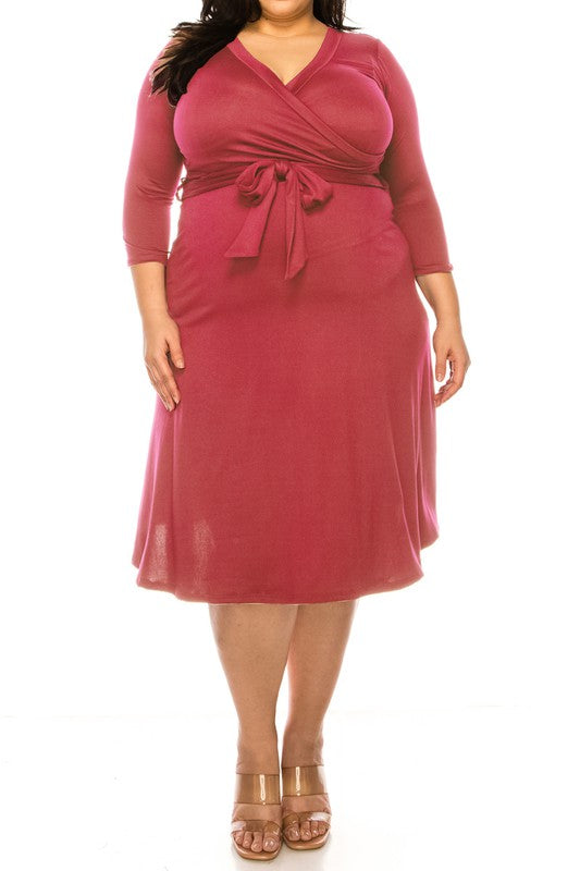 MOA Collection Plus Size Solid Faux Wrap Dress with Deep V-Neck and Waist Tie