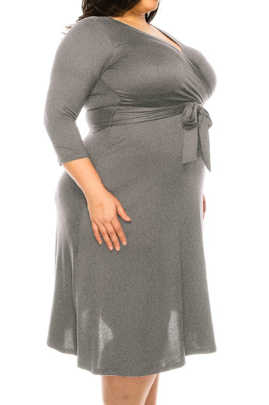 MOA Collection Plus Size Solid Faux Wrap Dress with Deep V-Neck and Waist Tie