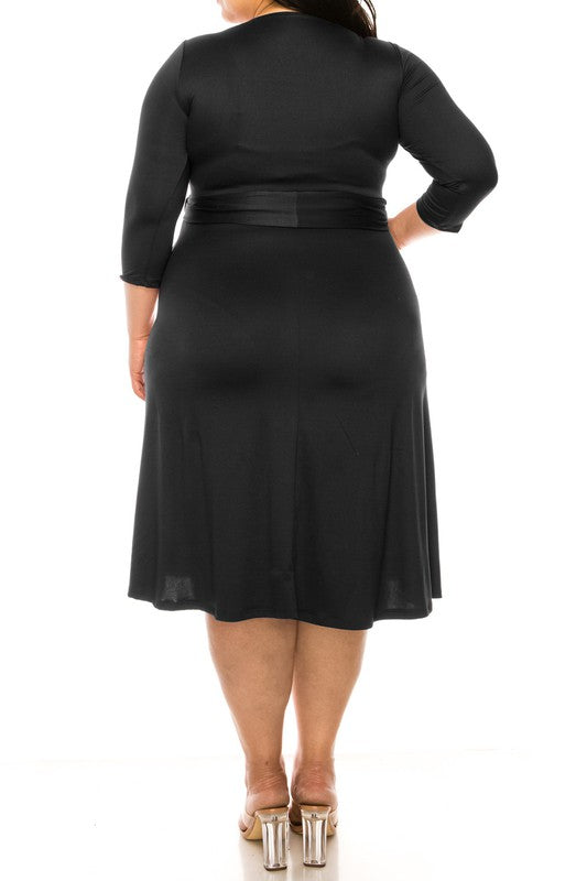 MOA Collection Plus Size Solid Faux Wrap Dress with Deep V-Neck and Waist Tie