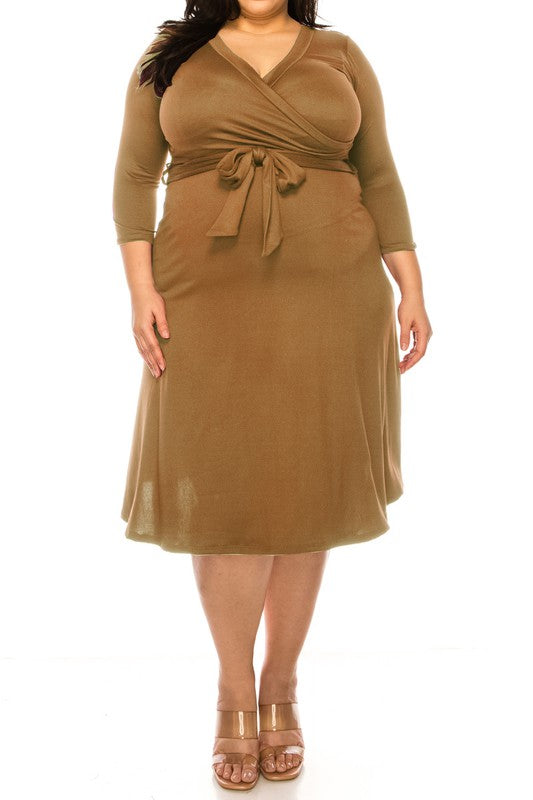 MOA Collection Plus Size Solid Faux Wrap Dress with Deep V-Neck and Waist Tie
