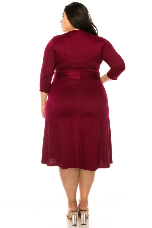 MOA Collection Plus Size Solid Faux Wrap Dress with Deep V-Neck and Waist Tie