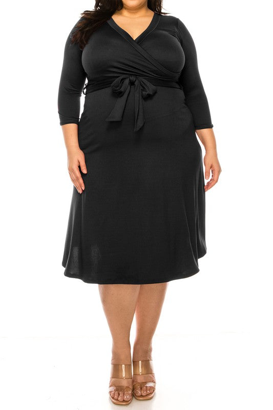 MOA Collection Plus Size Solid Faux Wrap Dress with Deep V-Neck and Waist Tie