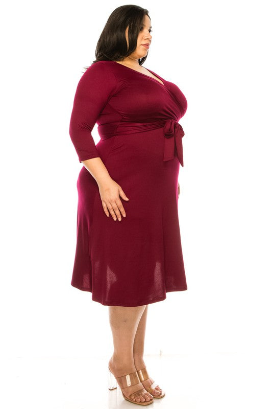 MOA Collection Plus Size Solid Faux Wrap Dress with Deep V-Neck and Waist Tie