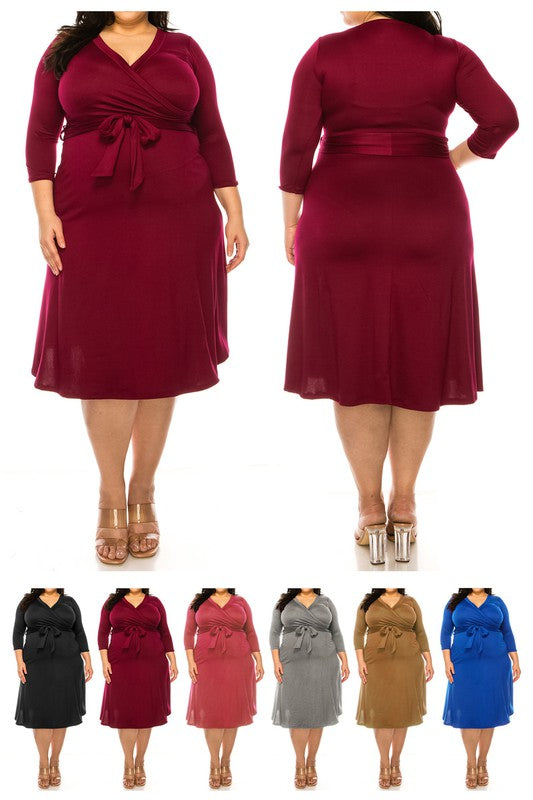 MOA Collection Plus Size Solid Faux Wrap Dress with Deep V-Neck and Waist Tie