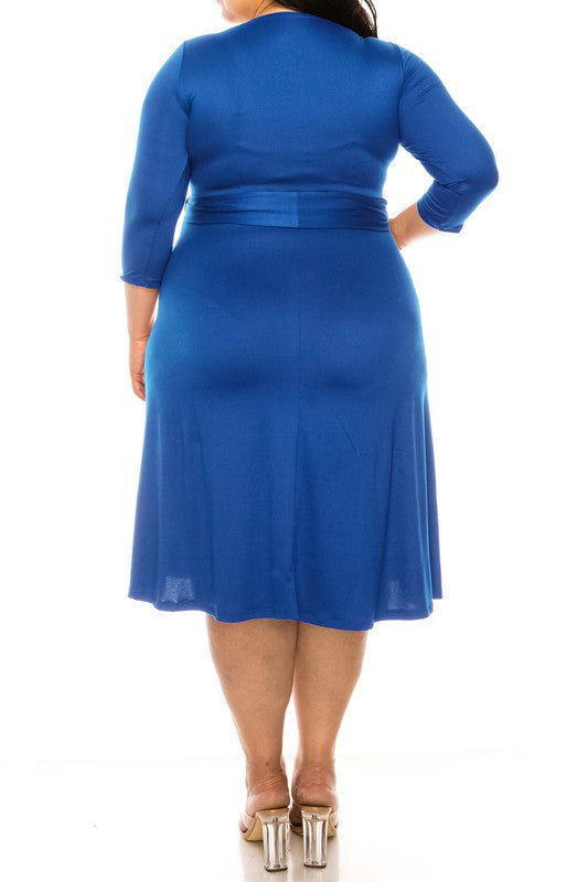 MOA Collection Plus Size Solid Faux Wrap Dress with Deep V-Neck and Waist Tie