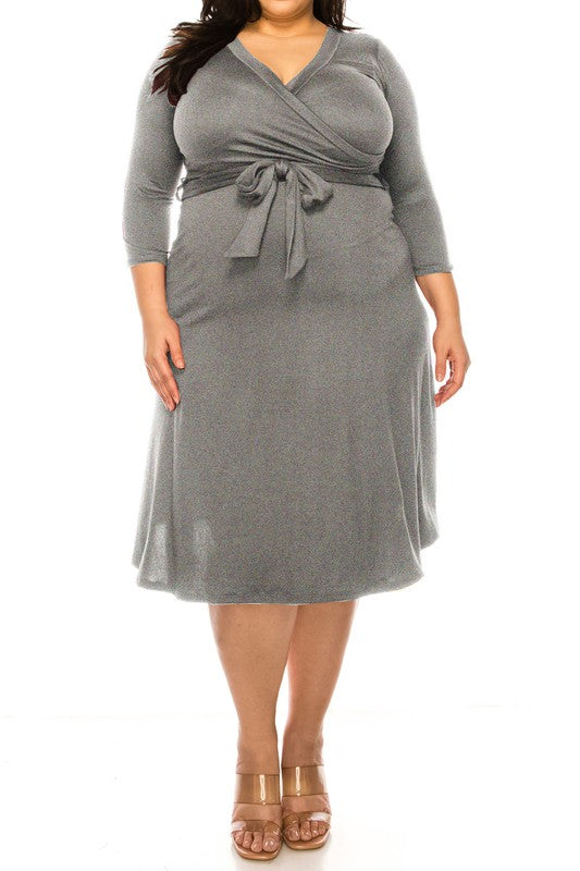 MOA Collection Plus Size Solid Faux Wrap Dress with Deep V-Neck and Waist Tie