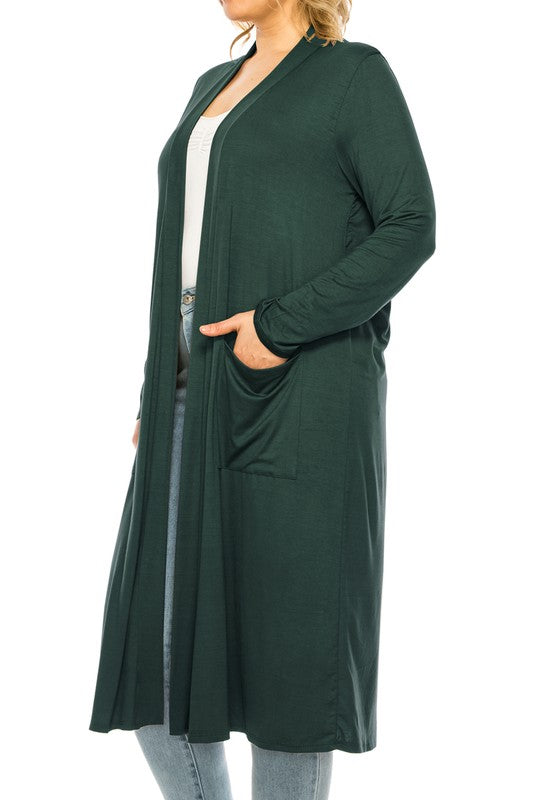 Solid Duster Cardigan Plus Size Loose Fit Open Front Long Sleeves Side Pockets