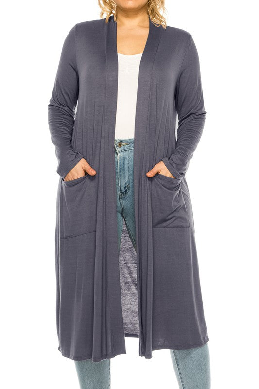 Solid Duster Cardigan Plus Size Loose Fit Open Front Long Sleeves Side Pockets
